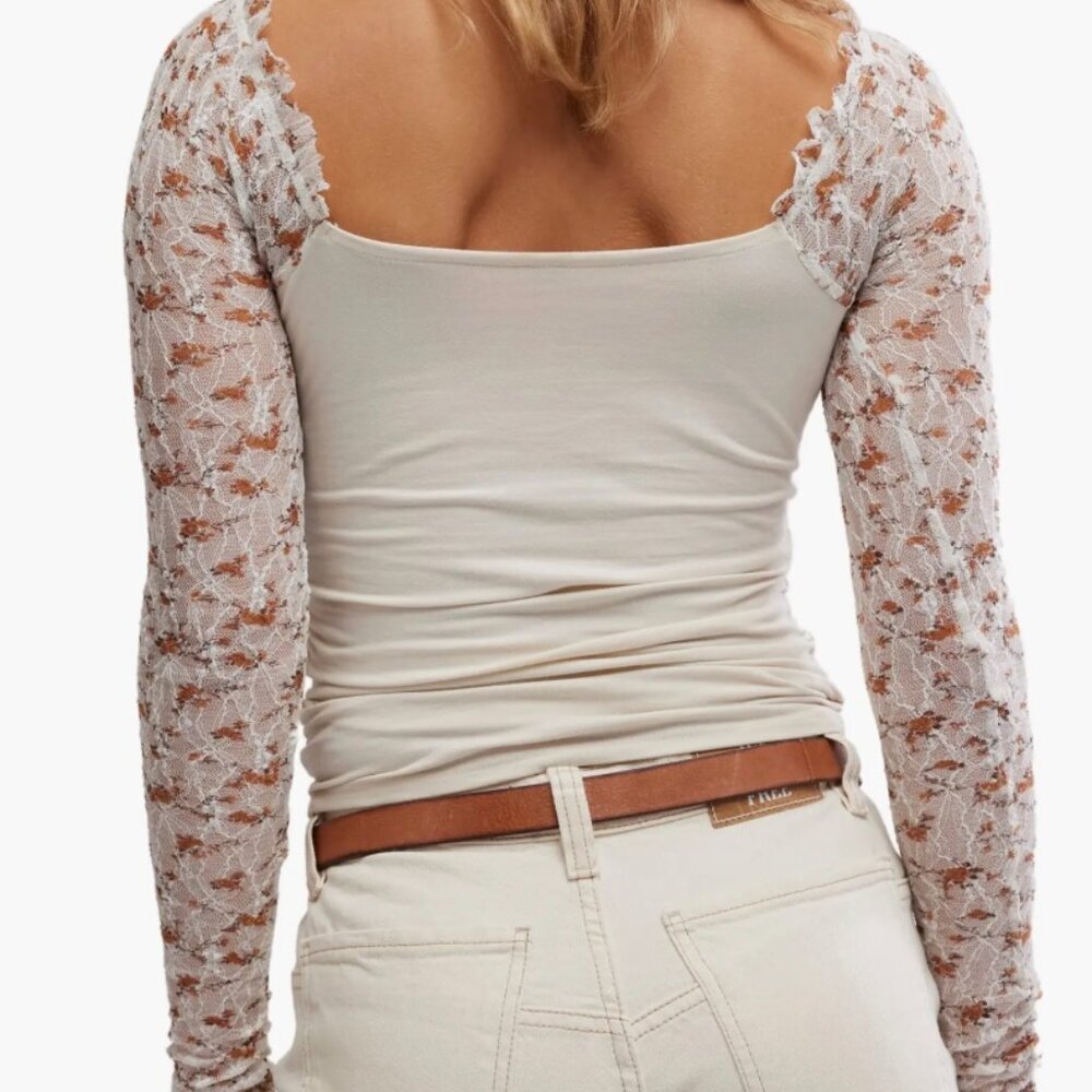 Free People Josie Lace Long Sleeve Shirt XS Tea Combo NWT Retail $68 - Picture 4 of 6